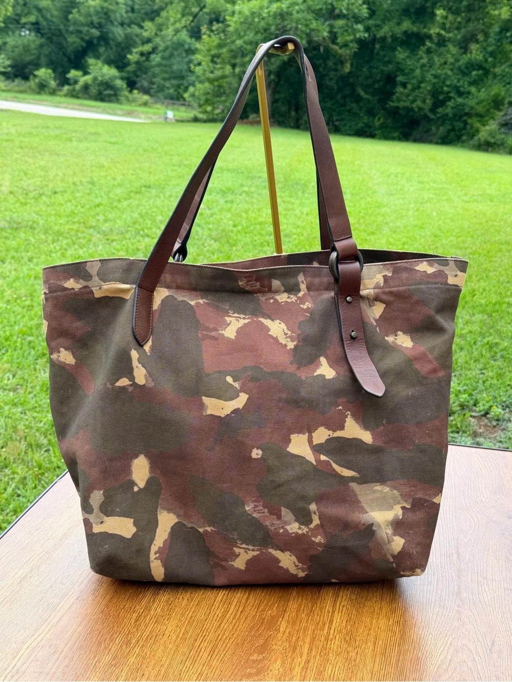 Frye Camo Canvas Leather Tote Bag Large Shoulder Shopper Brown Green - Picture 3 of 16